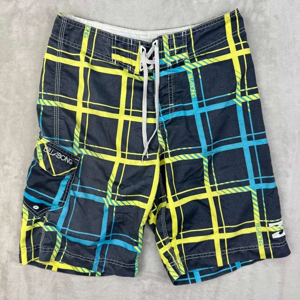 Billabong Board Shorts Mens 30 Black Yellow Blue Plaid Surf Y2K Swim Trunks